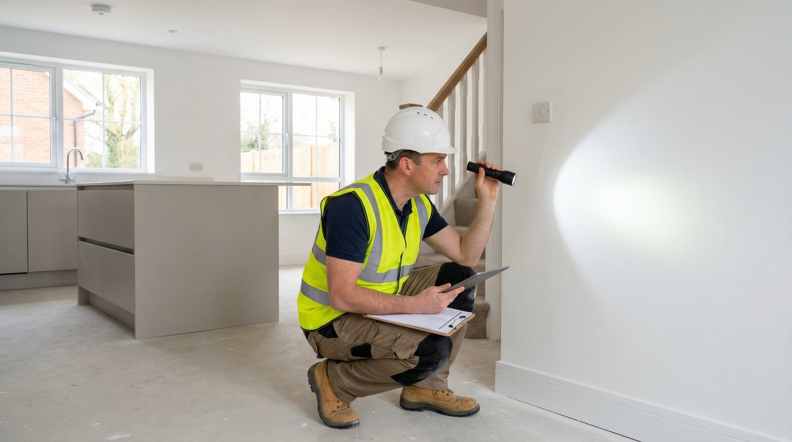 Professional snagging surveyor conducting new build inspection with tablet and torch