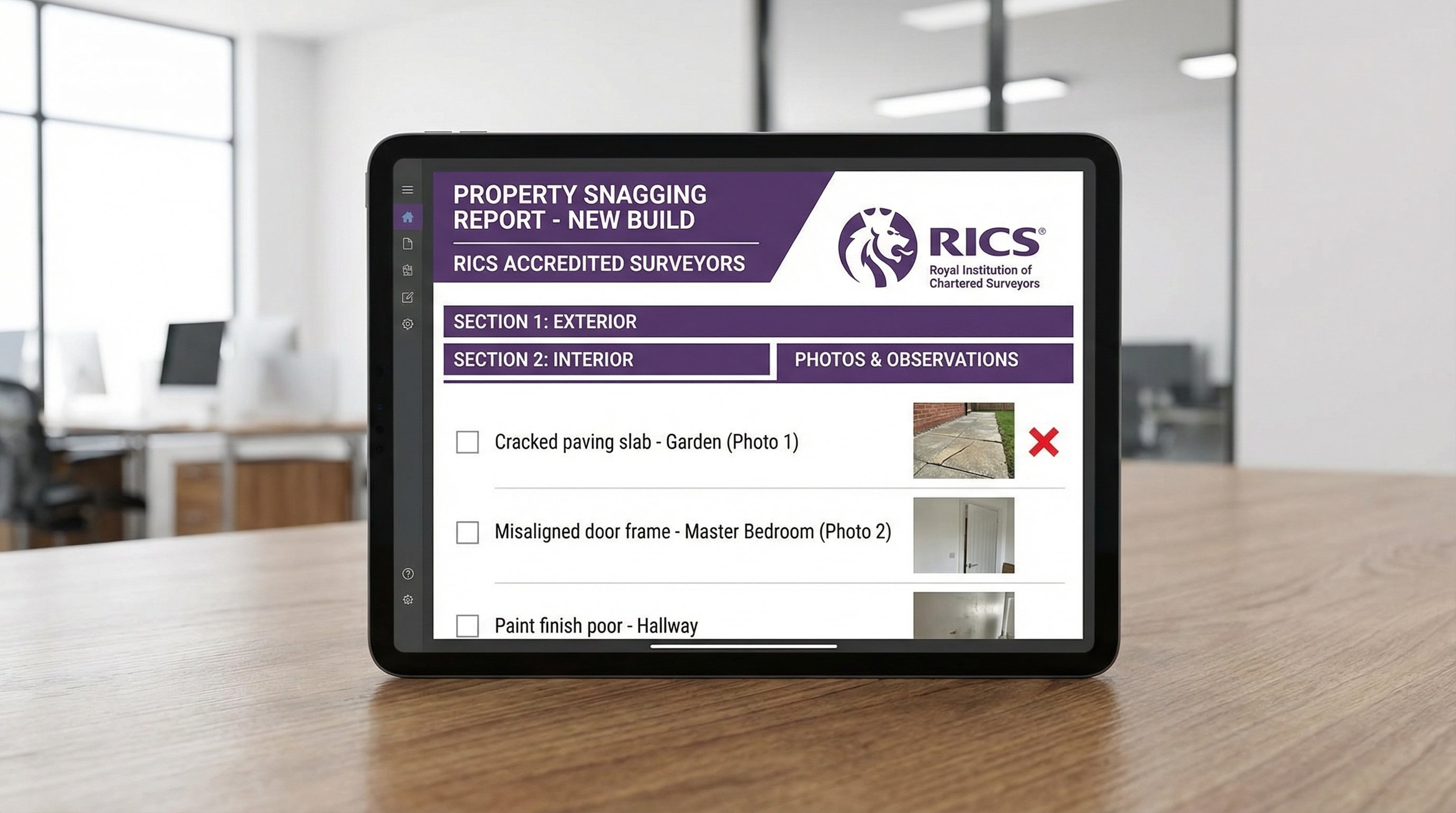 Comprehensive snagging report displayed on tablet