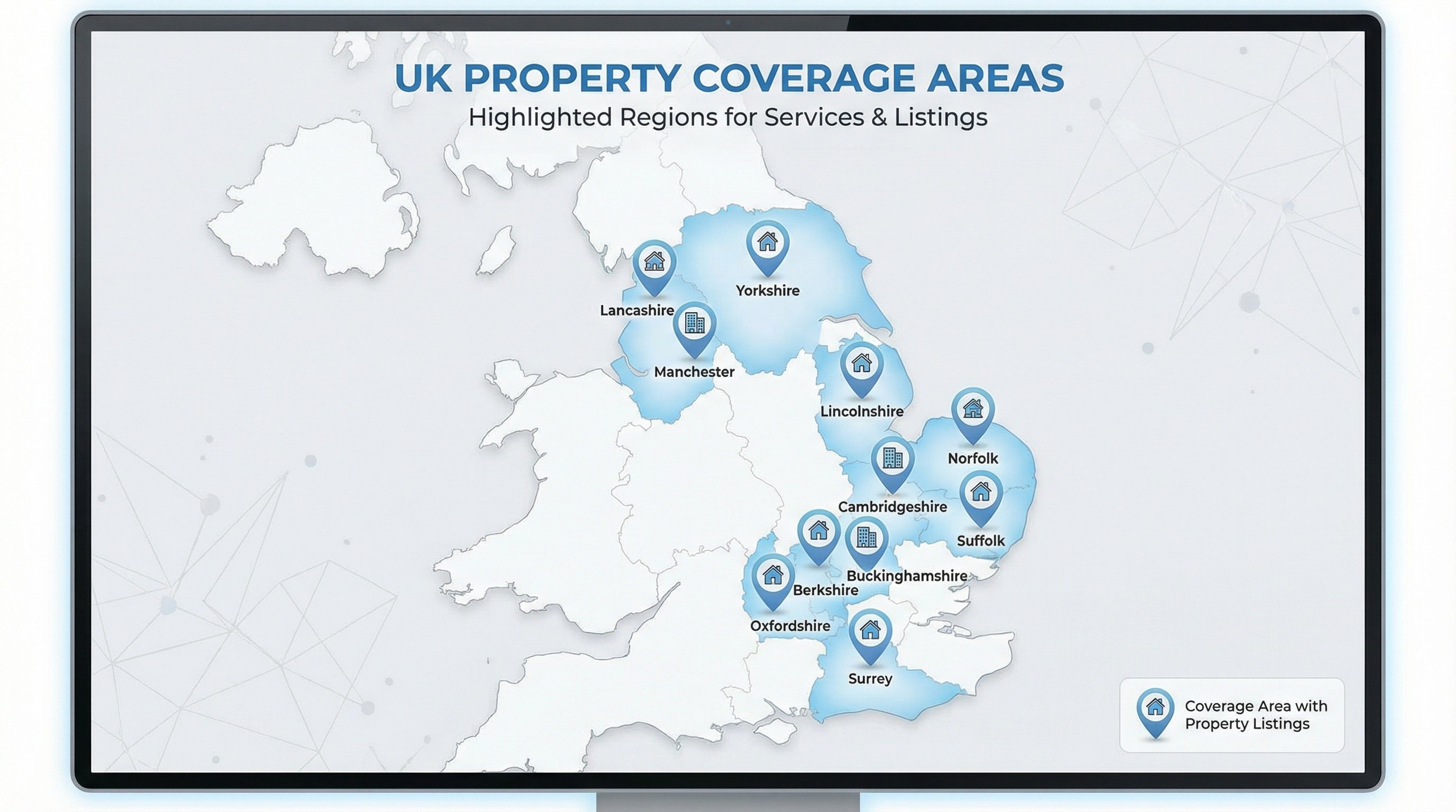 UK map showing Snagging Surveyors coverage areas including Yorkshire, Manchester, Suffolk, Norfolk, and more